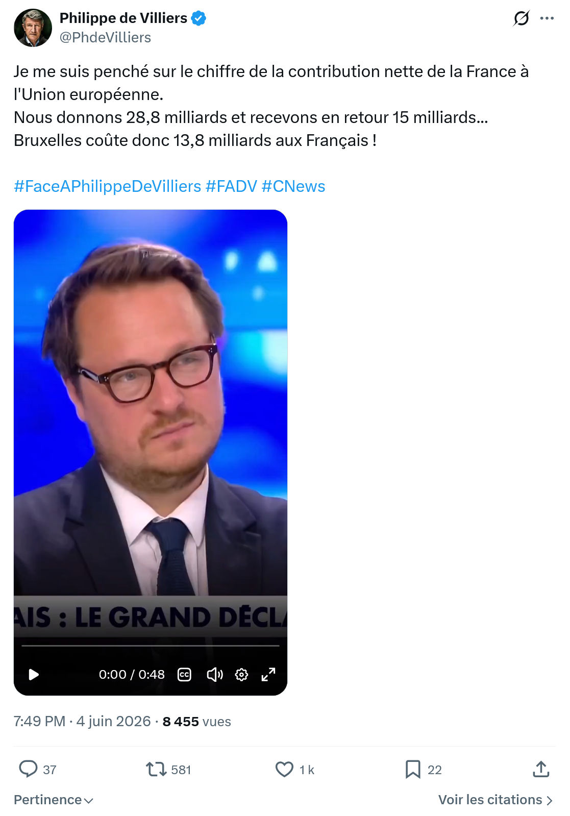 Philippe de Villiers: Je me suis penché sur le chiffre…