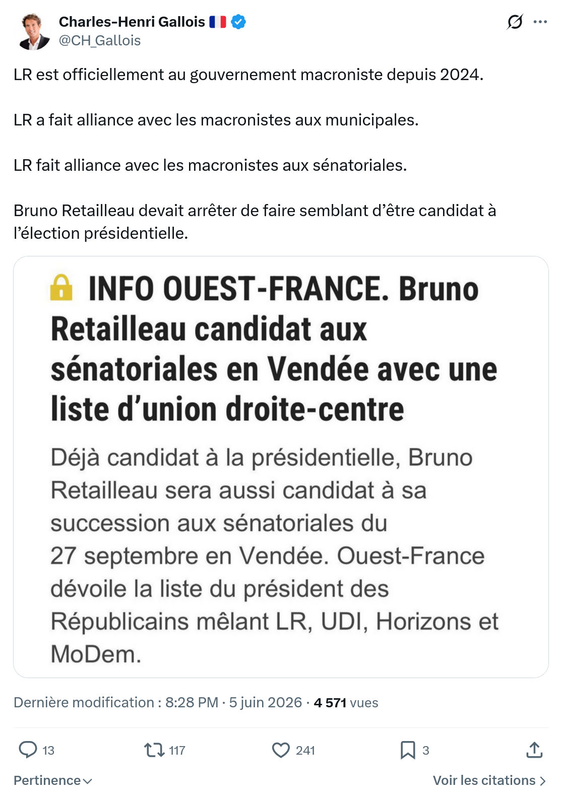 Charles-Henri Gallois: LR est officiellement au gouvernement…