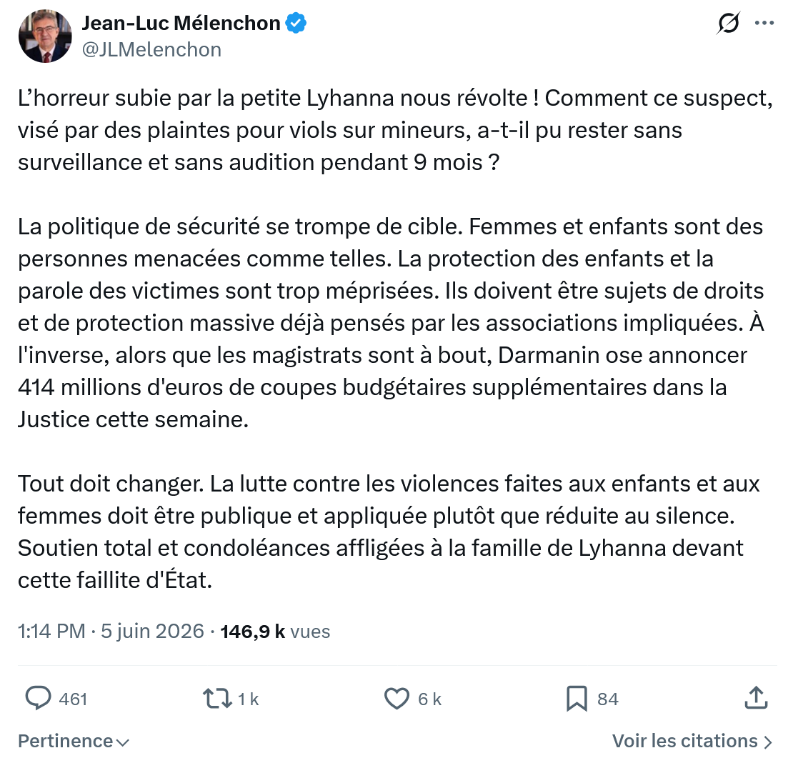 Jean-Luc Mélenchon: L’horreur subie par la petite Lyhanna…