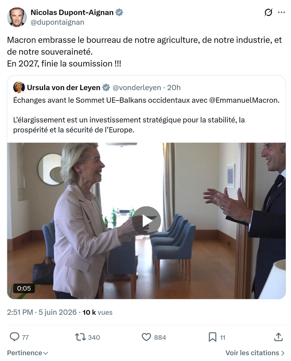 Nicolas Dupont-Aignan: Macron embrasse le bourreau de notre agriculture…