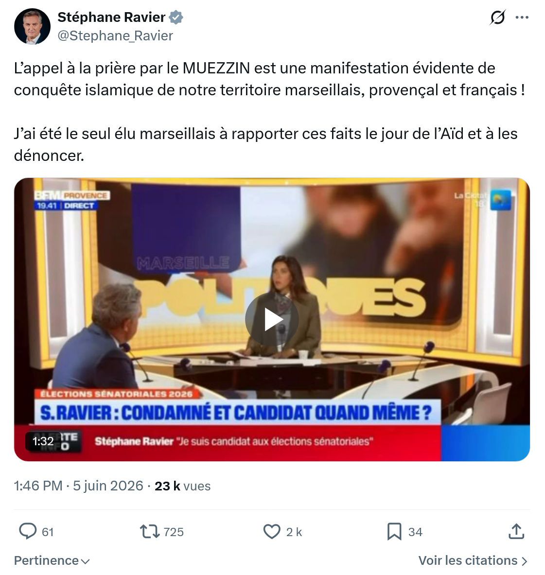 Stéphane Ravier: L’appel à la prière par le MUEZZIN…