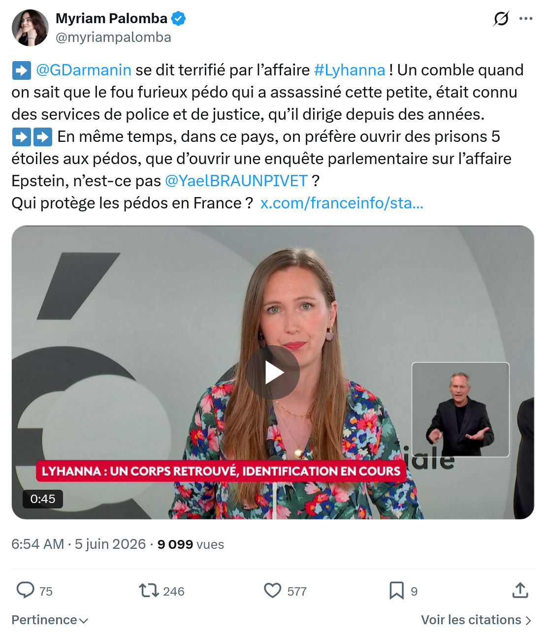 Myriam Palomba: @GDarmanin  se dit terrifié par l’affaire #Lyhanna…
