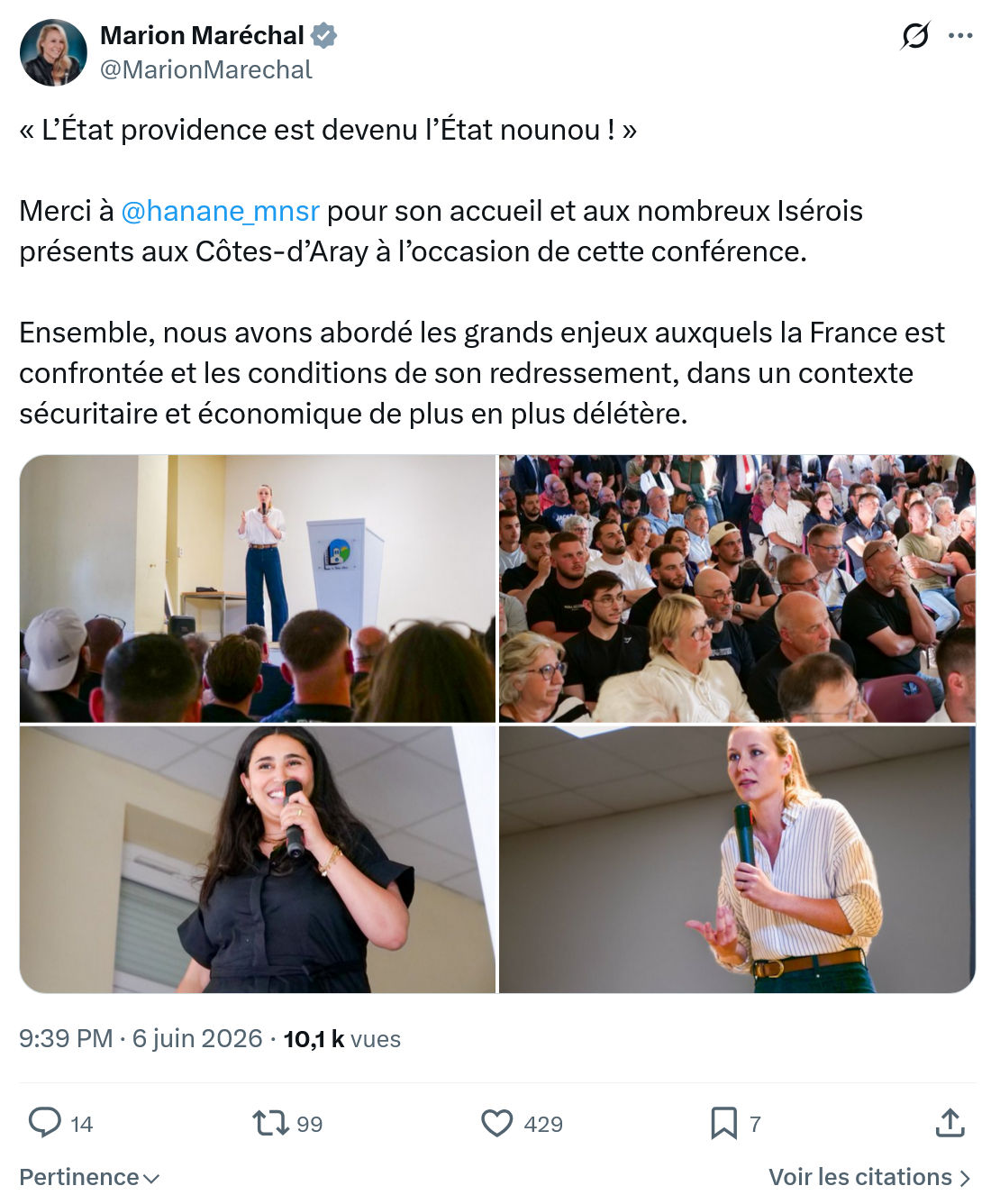 Marion Maréchal- Le Pen: « L’État providence est devenu l’État nounou ! »…