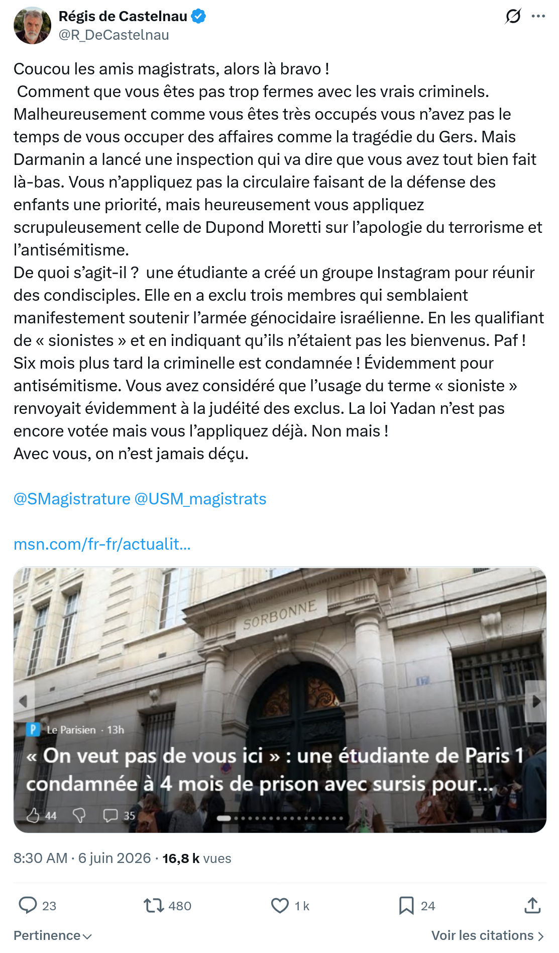 Régis de Castelnau: Coucou les amis magistrats…