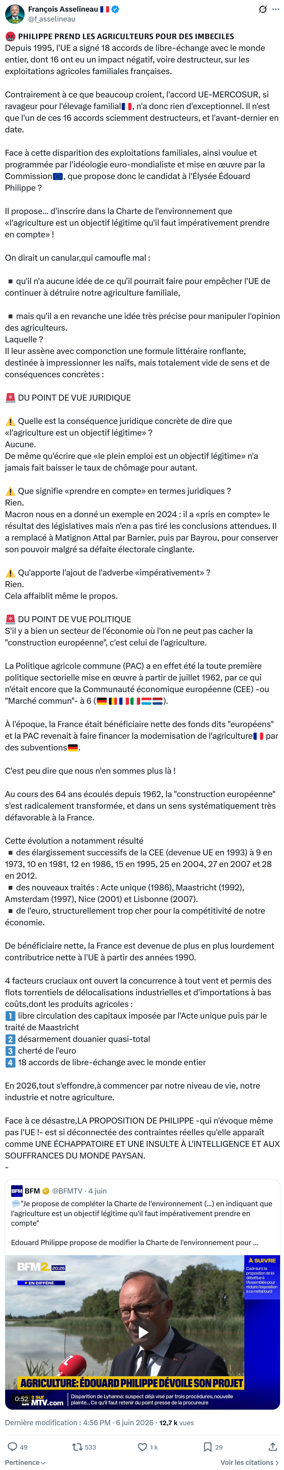 Francois Asselineau: 𝗣𝗛𝗜𝗟𝗜𝗣𝗣𝗘 𝗣𝗥𝗘𝗡𝗗 𝗟𝗘𝗦 𝗔𝗚𝗥𝗜𝗖𝗨𝗟𝗧𝗘𝗨𝗥𝗦 𝗣𝗢𝗨𝗥 𝗗𝗘𝗦 𝗜𝗠𝗕𝗘́𝗖𝗜𝗟𝗘𝗦…