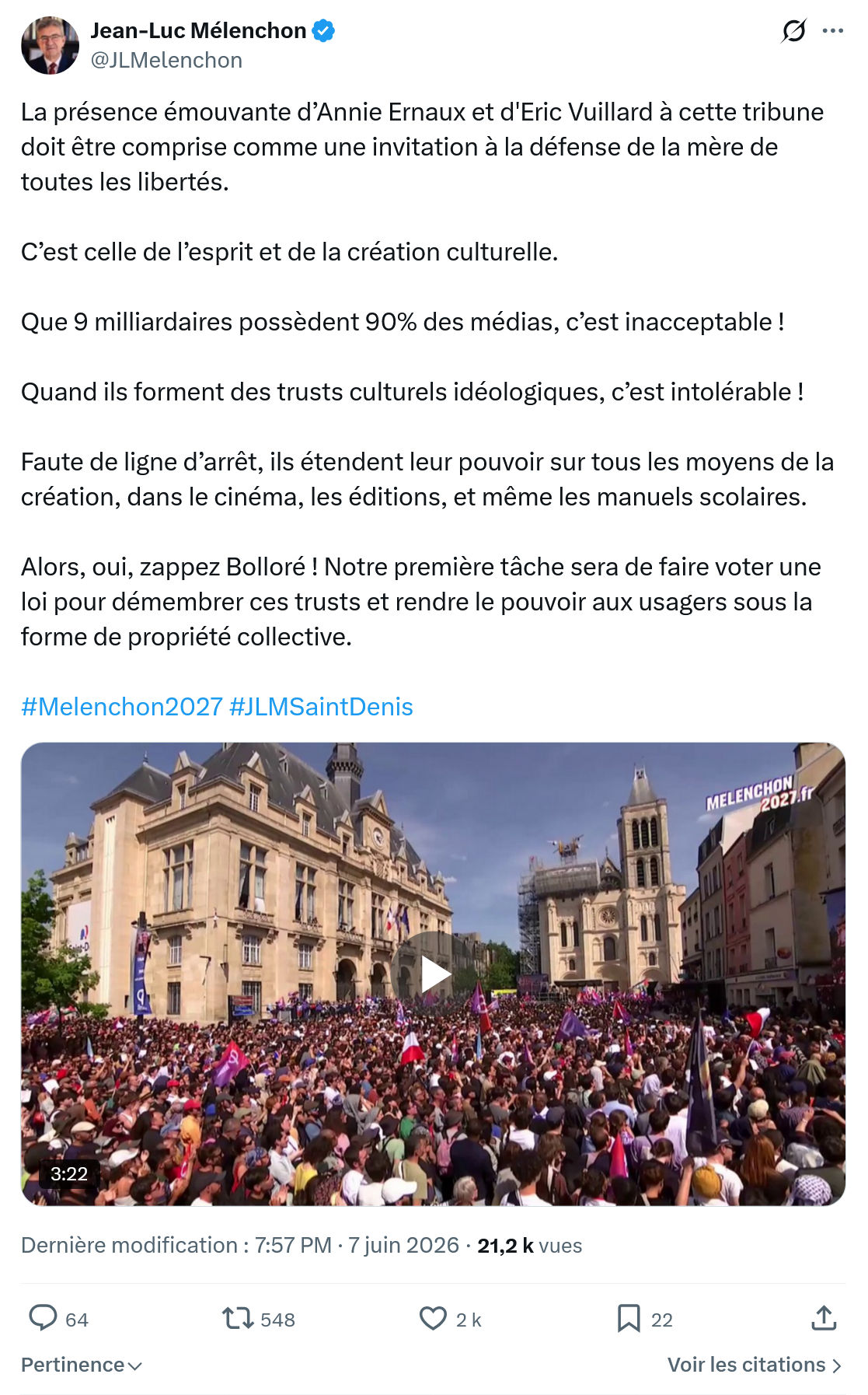Jean-Luc Mélenchon: La présence émouvante d’Annie Ernaux…
