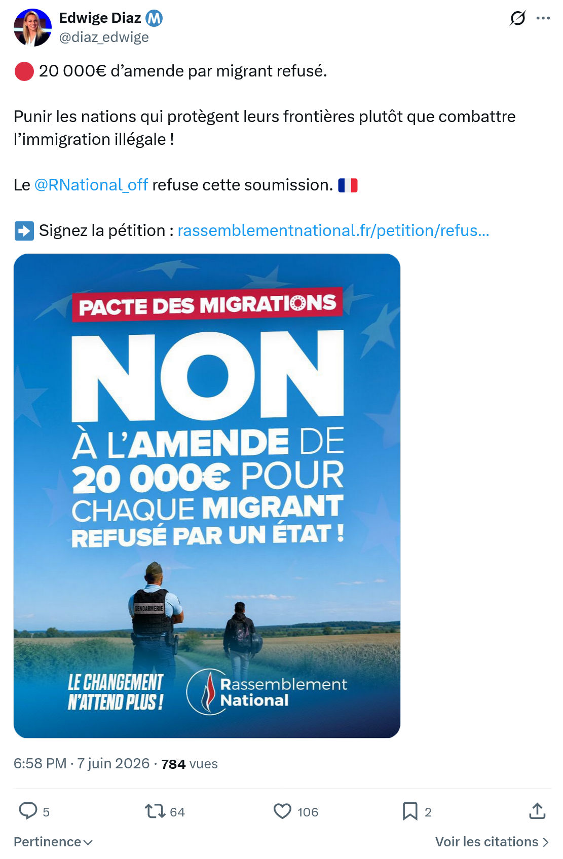 Edwige Diaz: 20 000€ d’amende par migrant refusé…