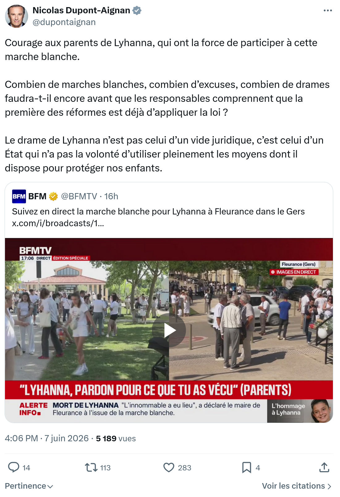 Nicolas Dupont-Aignan: Courage aux parents de Lyhanna…