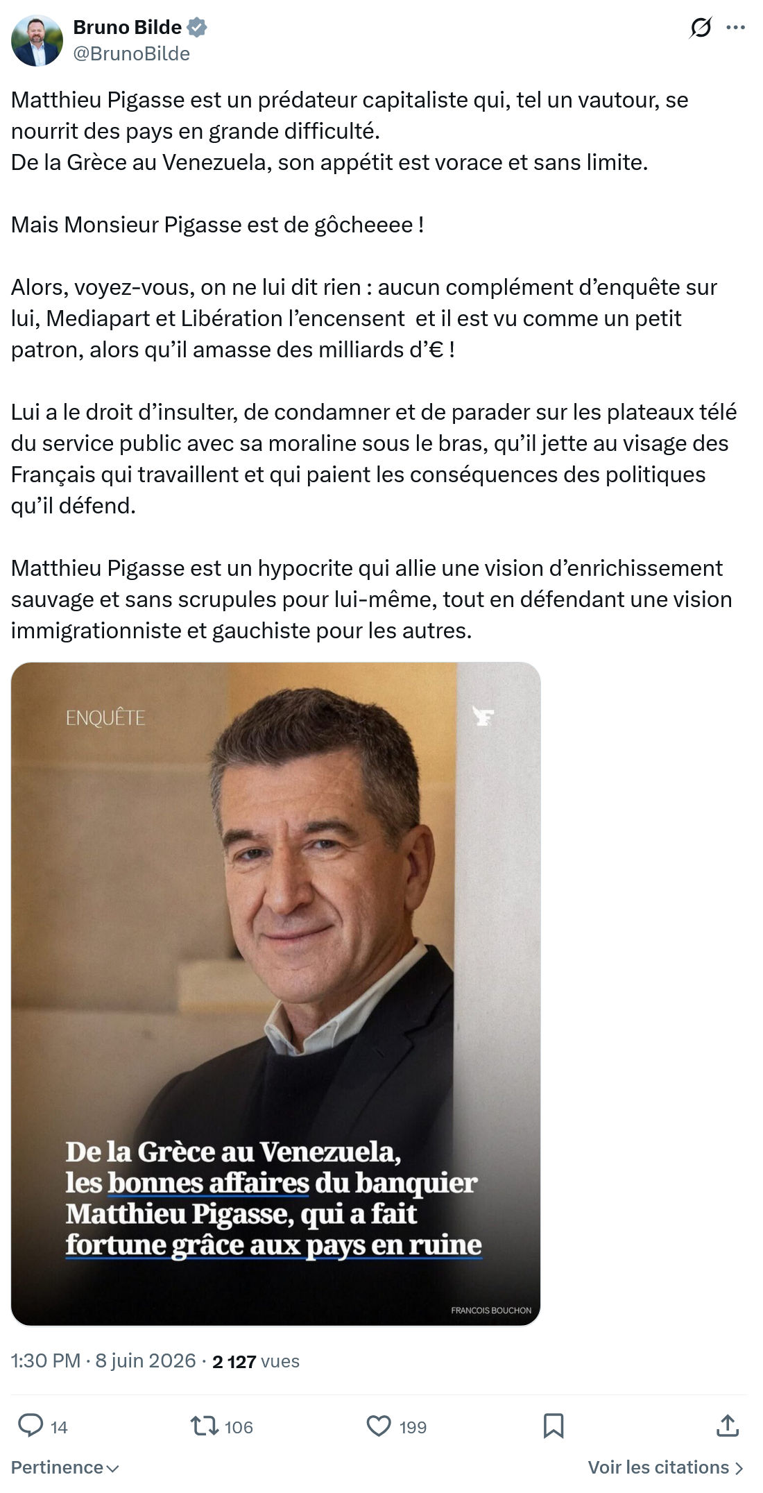 Bruno Bilde: Matthieu Pigasse est un prédateur capitaliste qui…