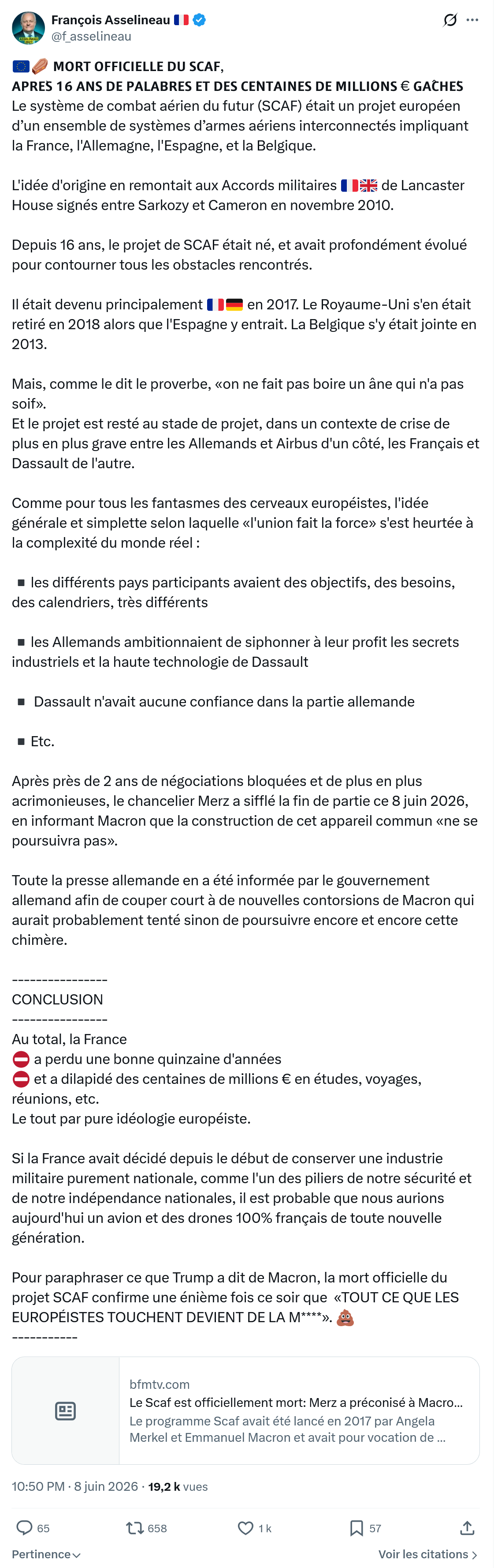 Francois Asselineau: 𝗠𝗢𝗥𝗧 𝗢𝗙𝗙𝗜𝗖𝗜𝗘𝗟𝗟𝗘 𝗗𝗨 𝗦𝗖𝗔𝗙…