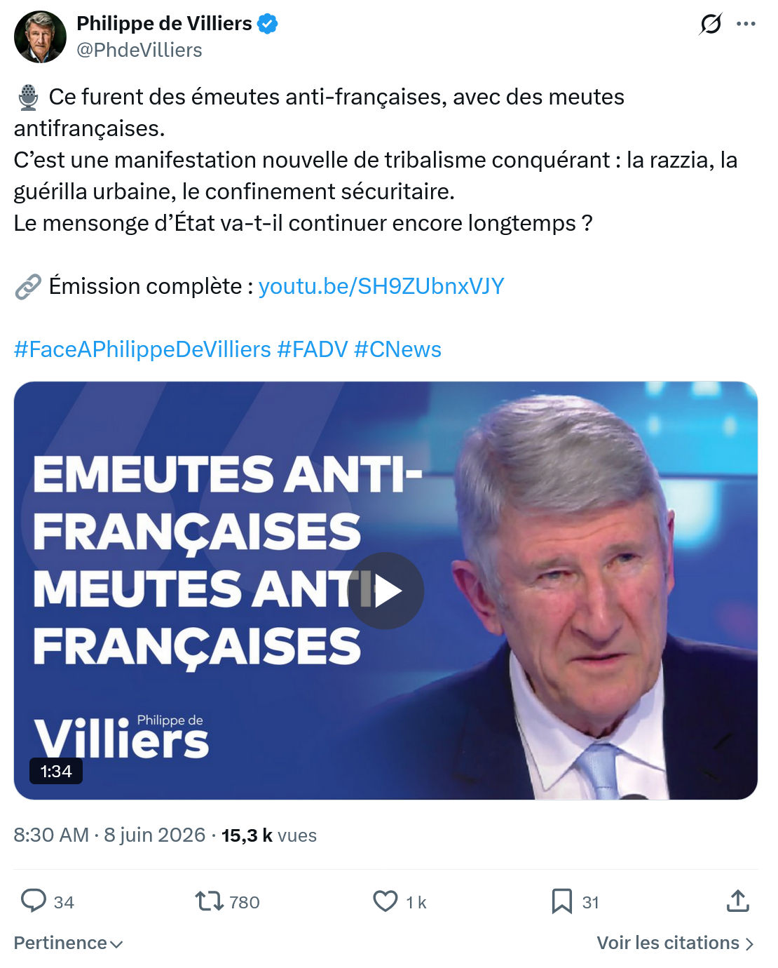 Philippe de Villiers: Ce furent des émeutes anti-françaises…