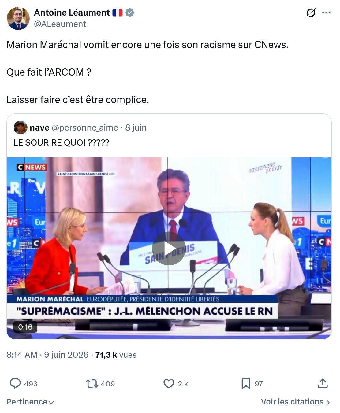 Antoine Léaument: Marion Maréchal vomit encore…