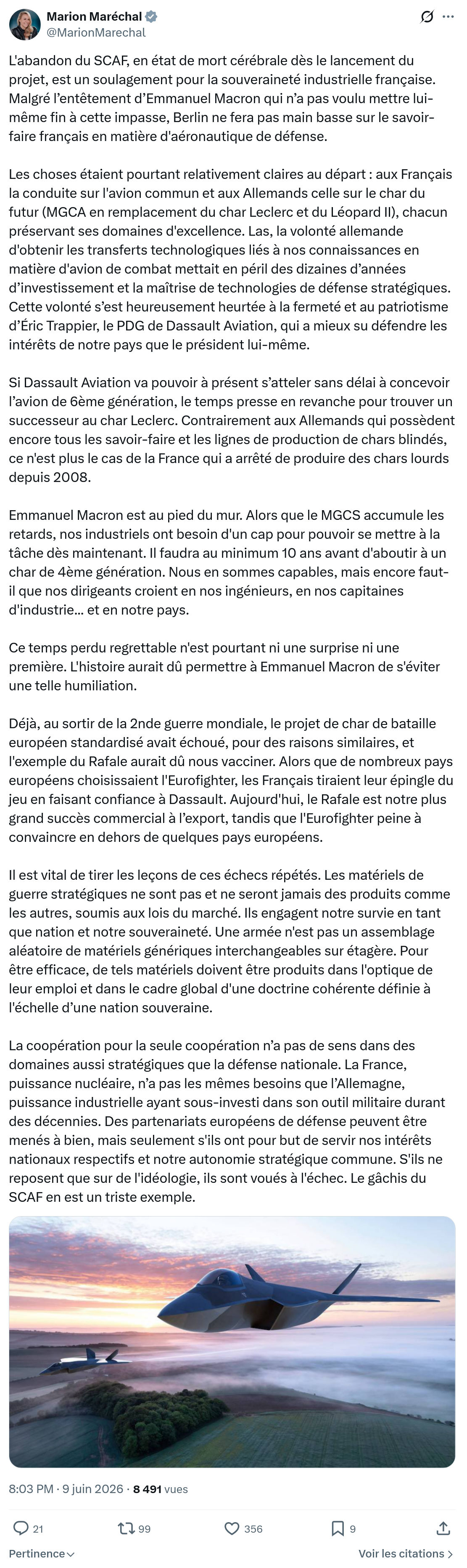 Marion Maréchal- Le Pen: L'abandon du SCAF…