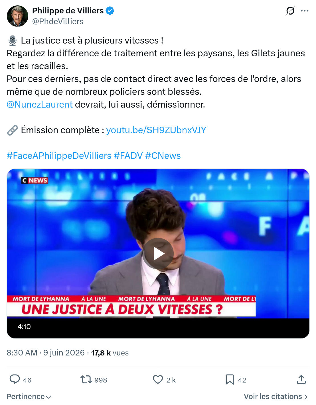 Philippe de Villiers: La justice est à plusieurs vitesses ! …