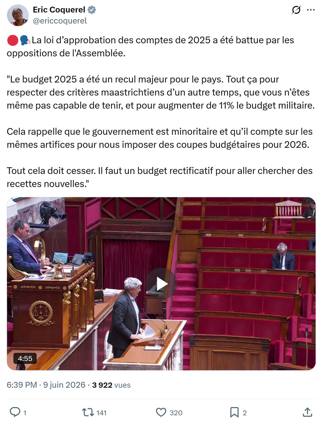 Eric Coquerel: La loi d’approbation des comptes de 2025…