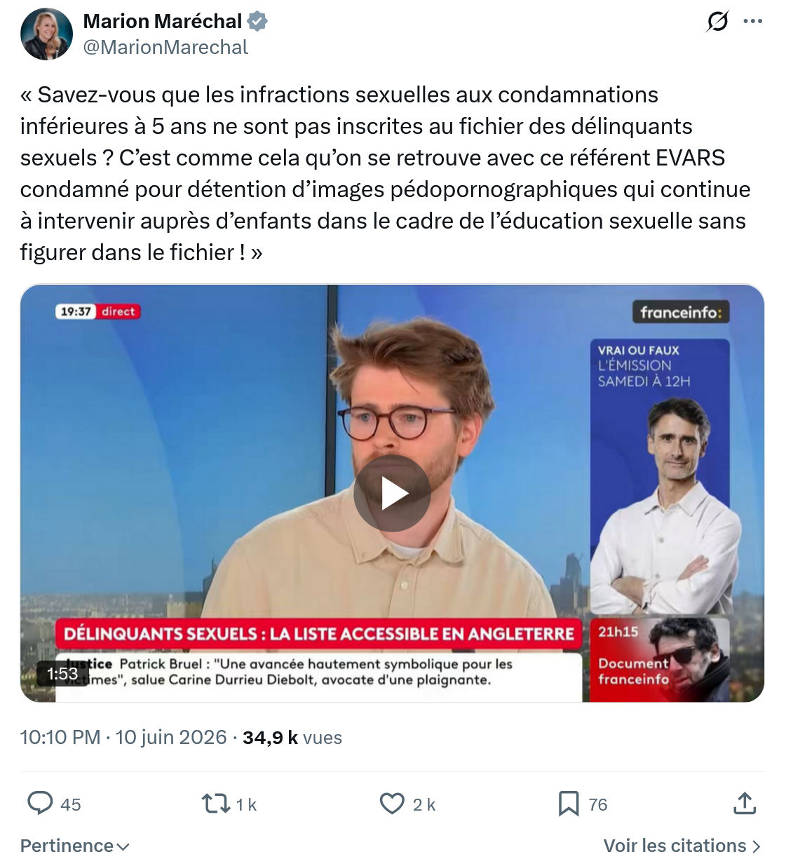 Marion Maréchal- Le Pen: Savez-vous que les infractions sexuelles…