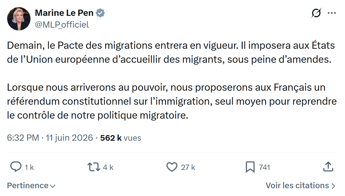 Marine Le Pen: Demain, le Pacte des migrations entrera…