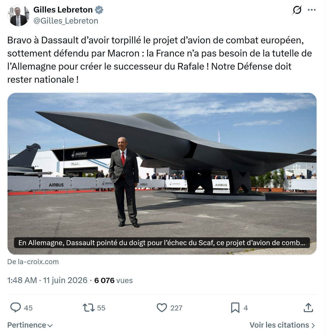 Gilles Lebreton: Bravo à Dassault d’avoir torpillé le projet…