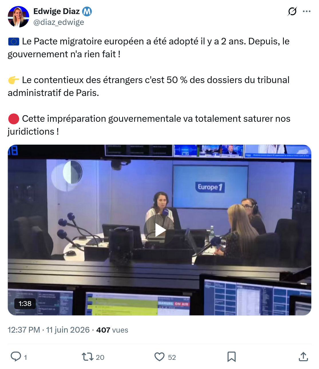 Edwige Diaz: Le Pacte migratoire européen a été adopté…