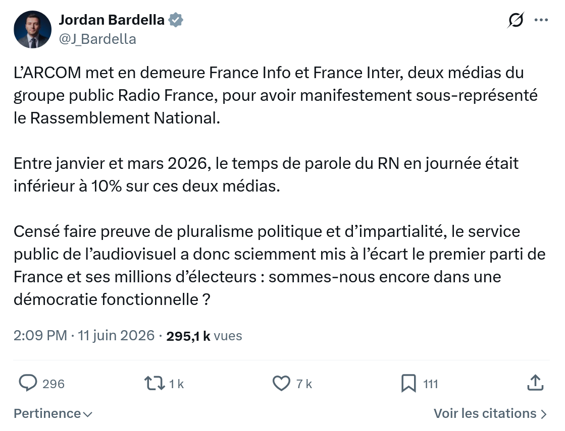 Jordan Bardella: L’ARCOM met en demeure France…