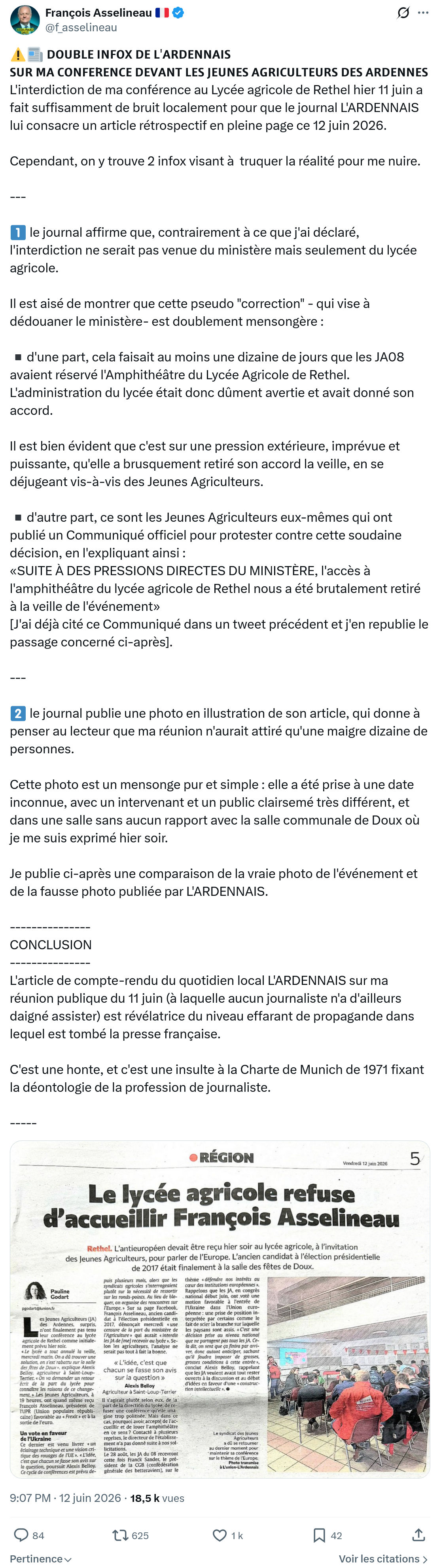 Francois Asselineau: 𝗗𝗢𝗨𝗕𝗟𝗘 𝗜𝗡𝗙𝗢𝗫 𝗗𝗘 𝗟'𝗔𝗥𝗗𝗘𝗡𝗡𝗔𝗜𝗦 𝗦𝗨𝗥 𝗠𝗔 𝗖𝗢𝗡𝗙𝗘́𝗥𝗘𝗡𝗖𝗘…