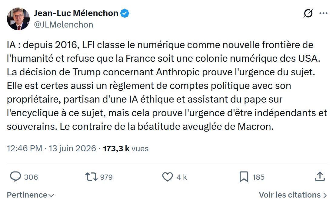 Jean-Luc Mélenchon: IA : depuis 2016…