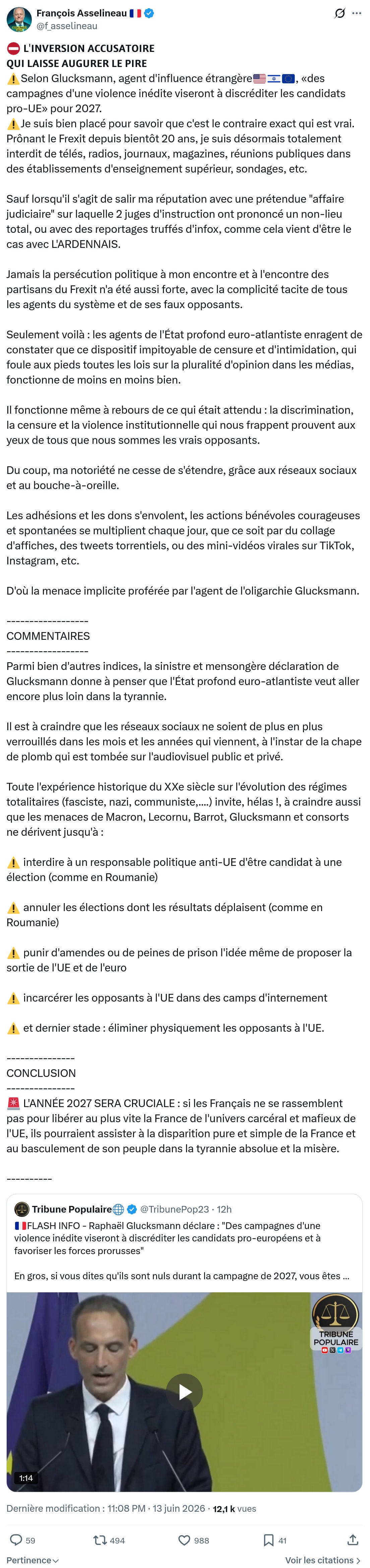 Francois Asselineau: 𝗟'𝗜𝗡𝗩𝗘𝗥𝗦𝗜𝗢𝗡 𝗔𝗖𝗖𝗨𝗦𝗔𝗧𝗢𝗜𝗥𝗘 𝗤𝗨𝗜 𝗟𝗔𝗜𝗦𝗦𝗘 𝗔𝗨𝗚𝗨𝗥𝗘𝗥 𝗟𝗘 𝗣𝗜𝗥𝗘…