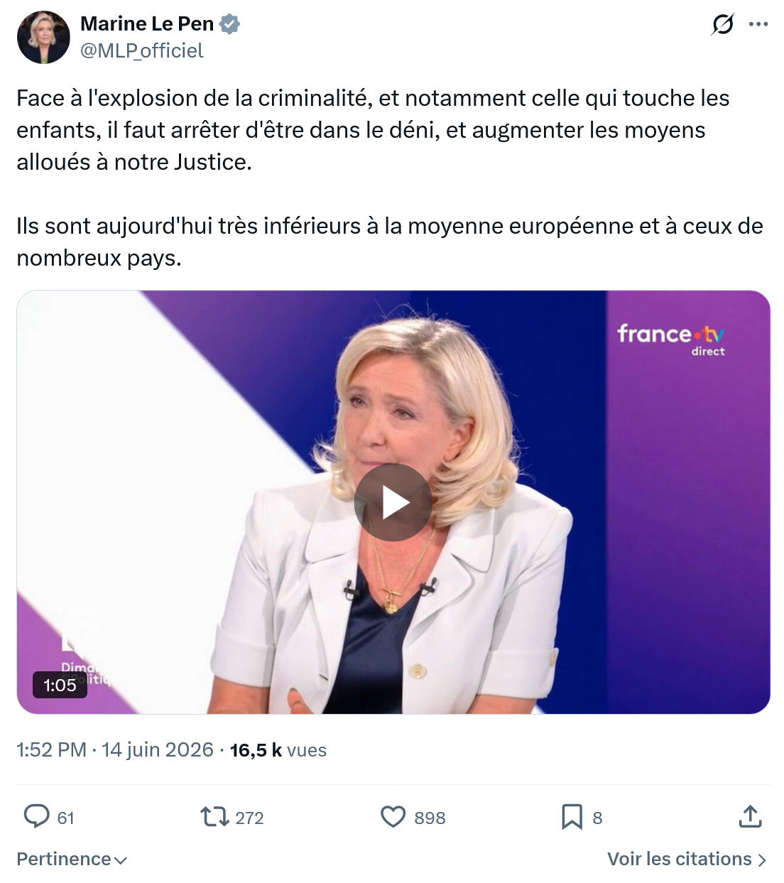 Marine Le Pen: Face à l'explosion de la criminalité…