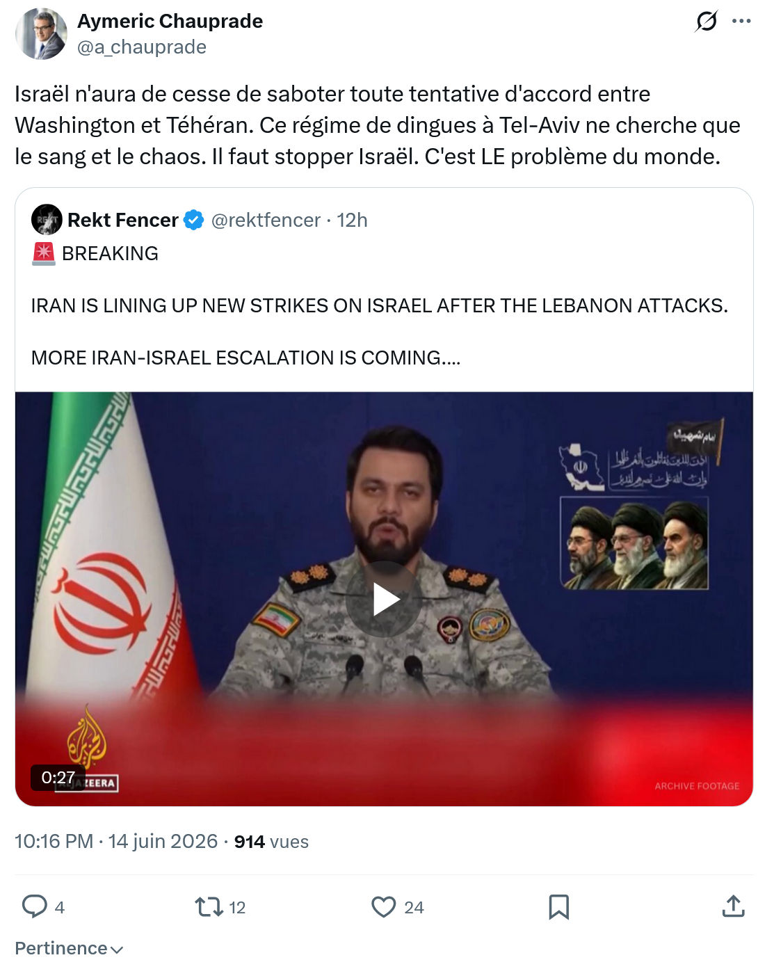 Aymeric Chauprad: Israël n'aura de cesse de saboter toute tentative…