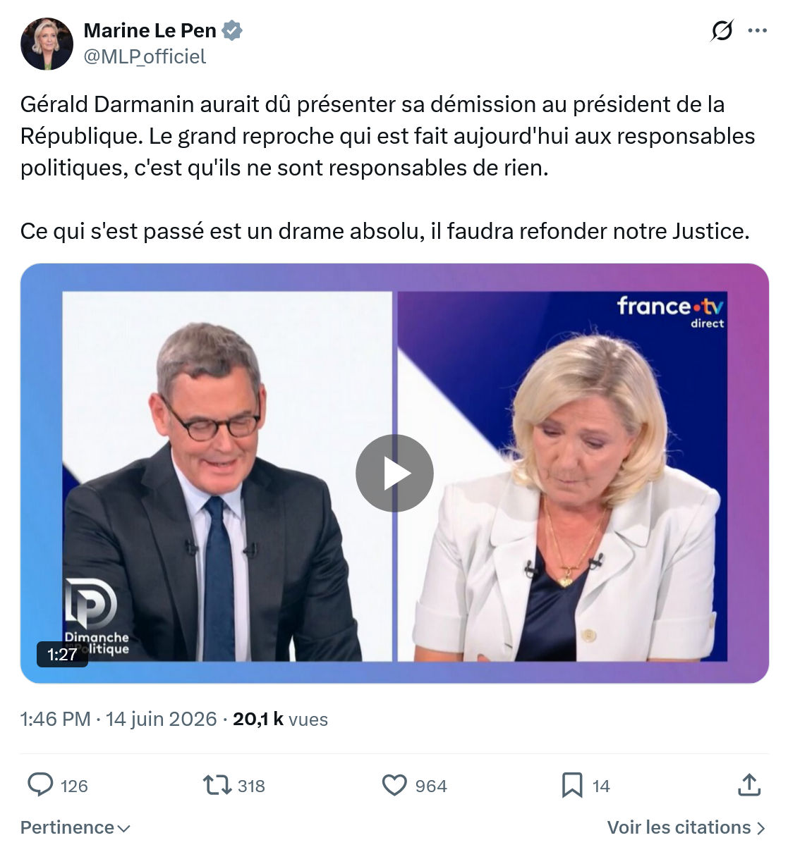 Marine Le Pen: Gérald Darmanin aurait dû présenter…