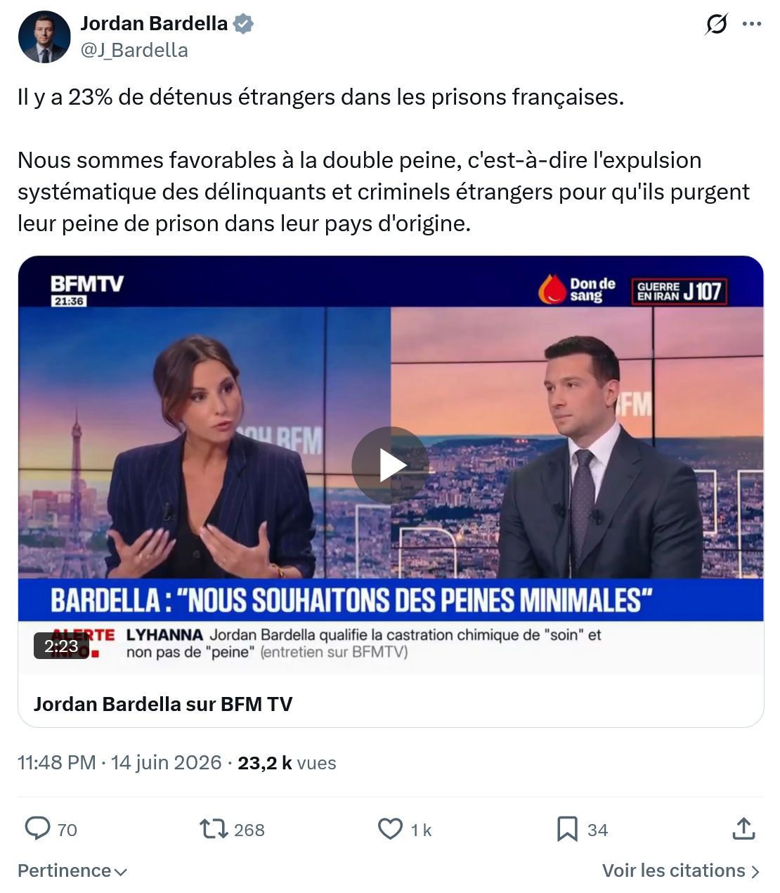 Jordan Bardella: Il y a 23% de détenus étrangers…