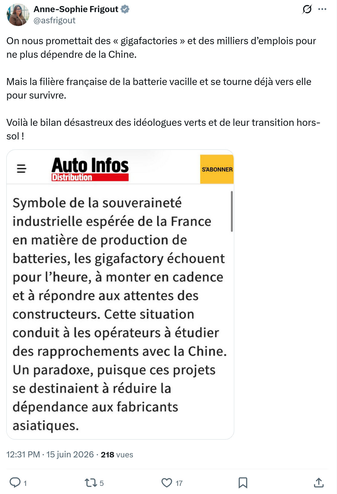 Anne-Sophie Frigout: On nous promettait des « gigafactories »…