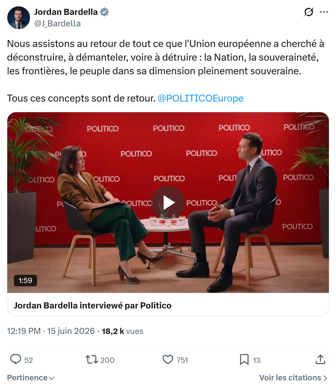 Jordan Bardella: Nous assistons au retour…