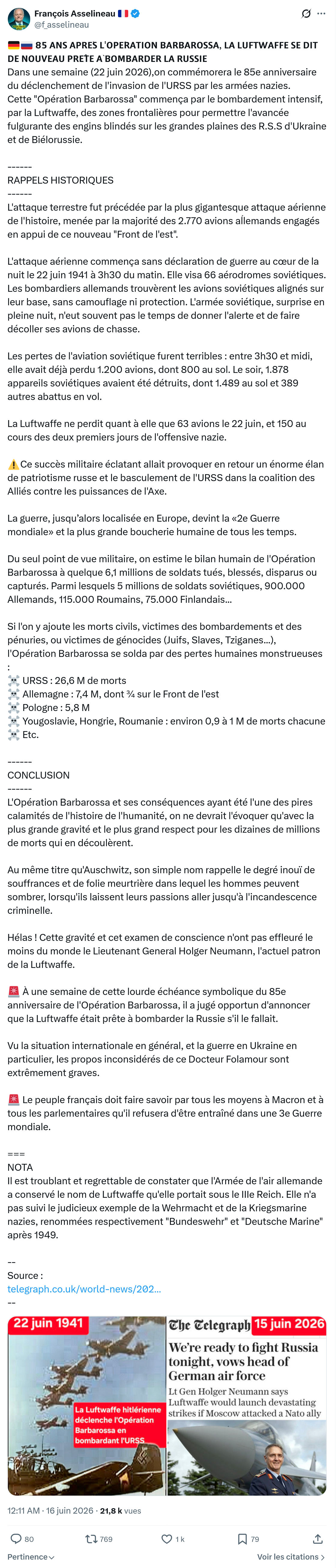 Francois Asselineau: 🇩🇪🇷🇺 𝟴𝟱 𝗔𝗡𝗦 𝗔𝗣𝗥𝗘̀𝗦 𝗟'𝗢𝗣𝗘́𝗥𝗔𝗧𝗜𝗢𝗡 𝗕𝗔𝗥𝗕𝗔𝗥𝗢𝗦𝗦𝗔...
