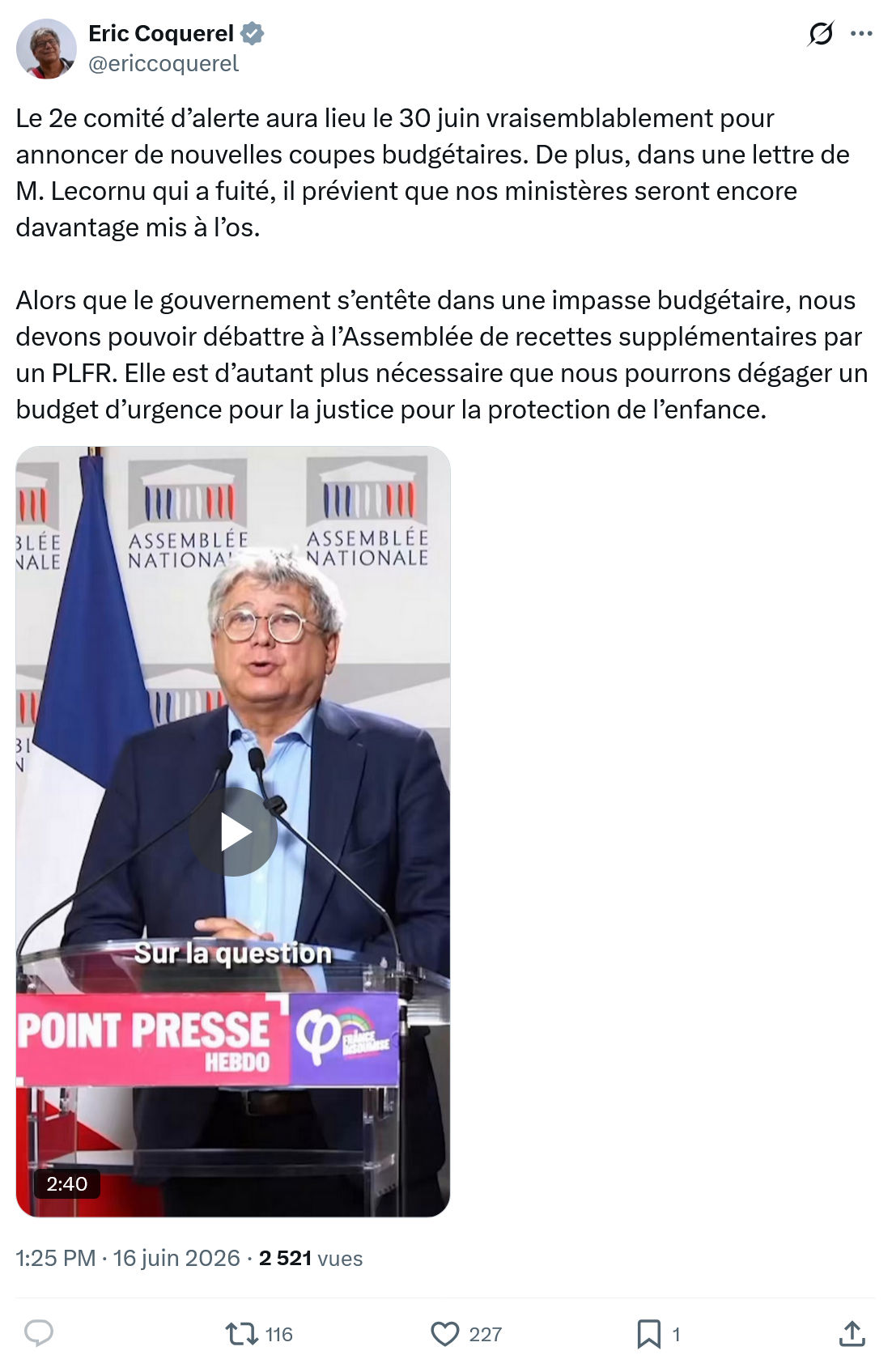Eric Coquerel: Le 2e comité d’alerte aura lieu...