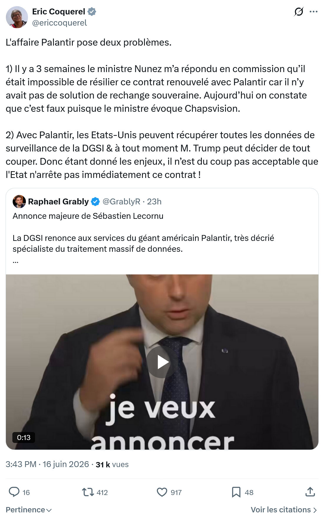 Eric Coquerel: L'affaire Palantir pose deux problèmes...