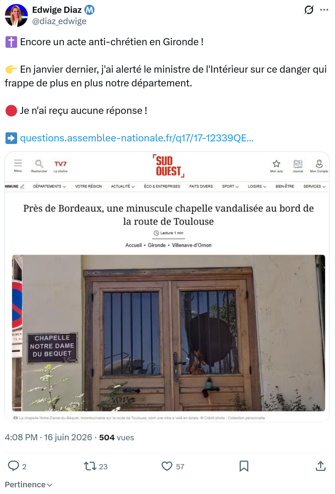 Edwige Diaz: Encore un acte anti-chrétien en Gironde...