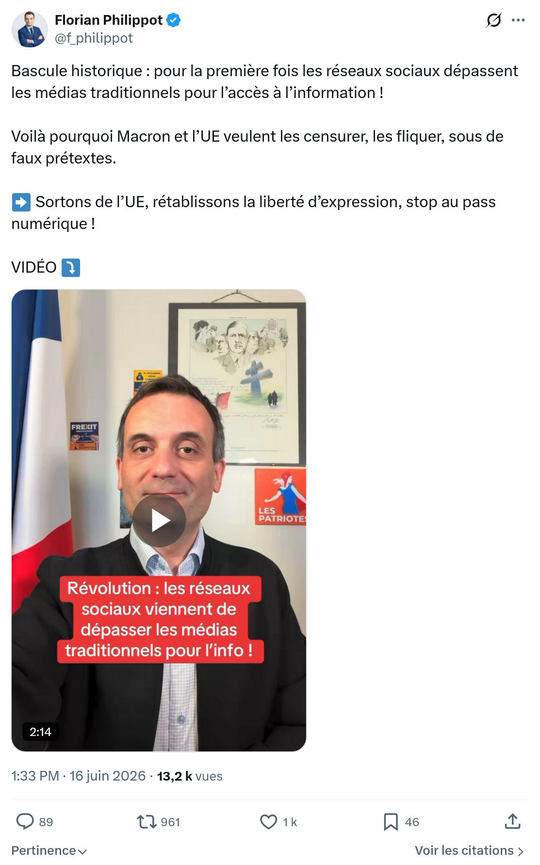 Florian Philippot: Bascule historique : pour la première fois les...