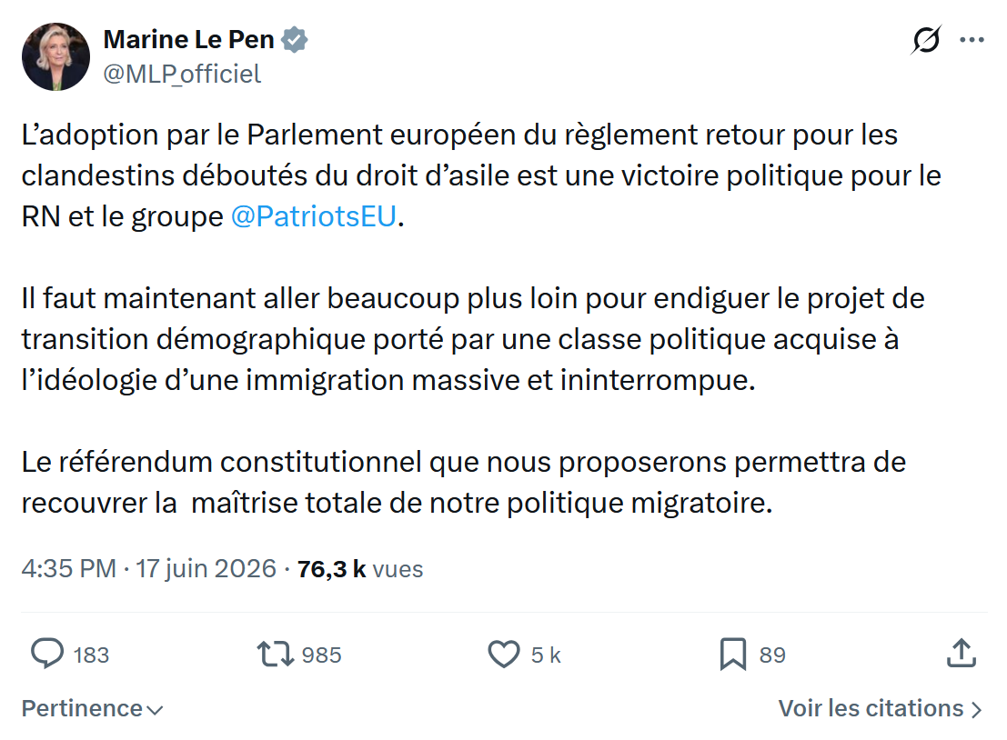 Marine Le Pen: L’adoption par le Parlement européen...