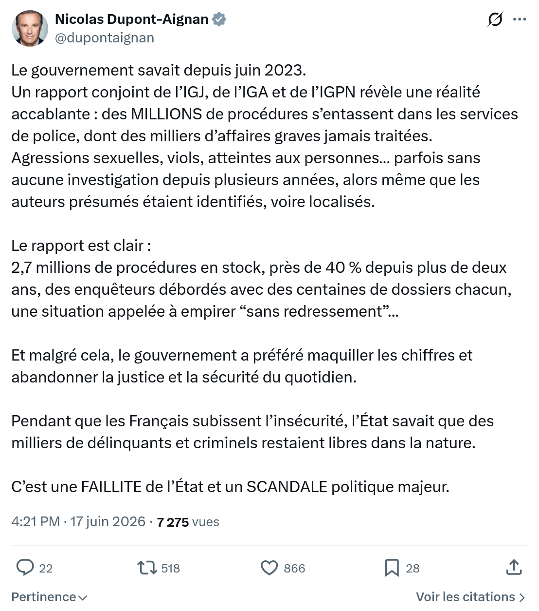 Nicolas Dupont-Aignan: Le gouvernement savait depuis juin