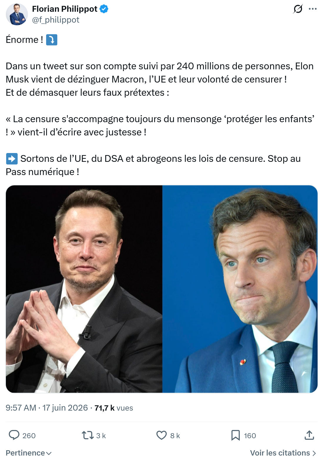 Florian Philippot: Énorme!  Dans un tweet sur son