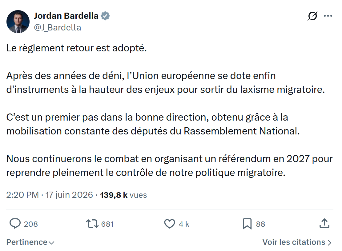 Jordan Bardella: Le règlement retour est adopté...