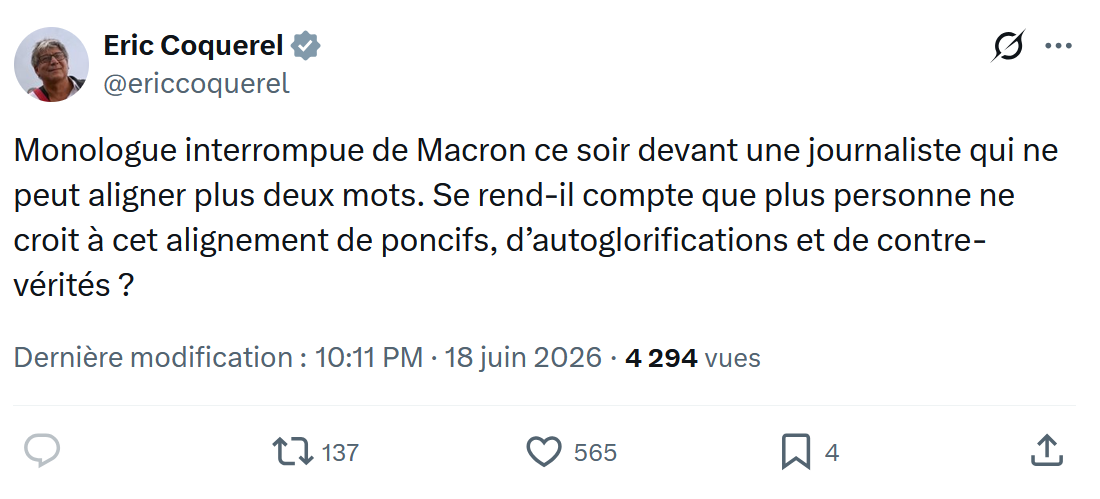 Eric Coquerel: Monologue interrompue de Macron ce soir...