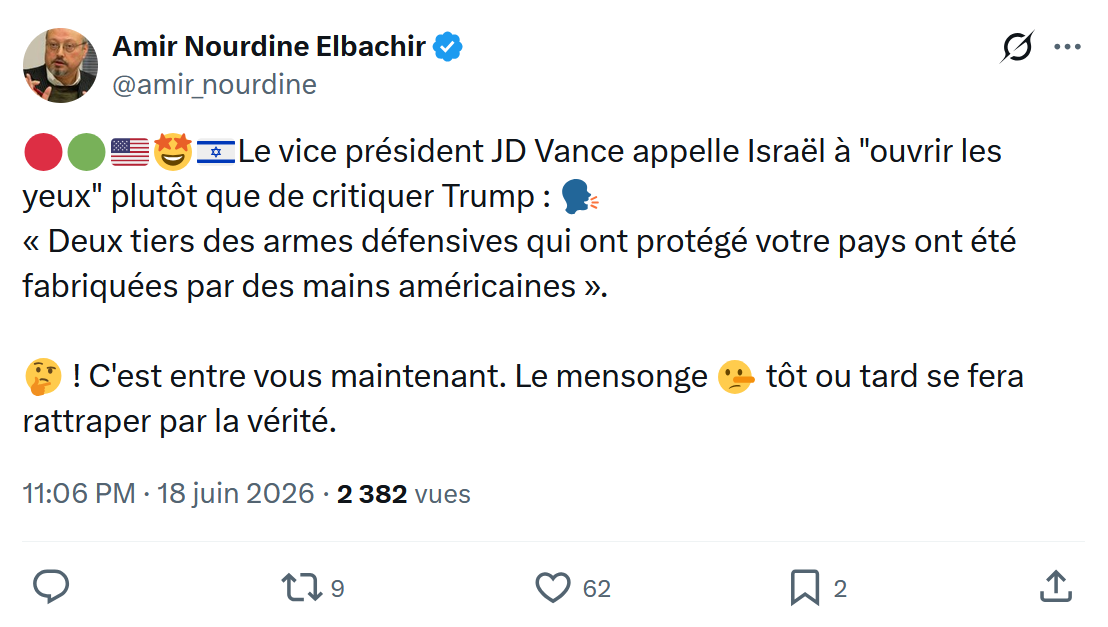 Amir Nourdine Elbachir: vice président JD Vance appelle Israël...