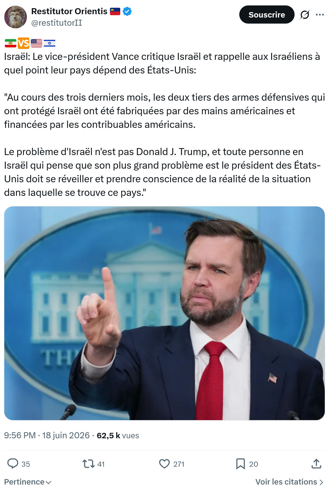 Restitutor Orientis: Israël: Le vice-président Vance critique...