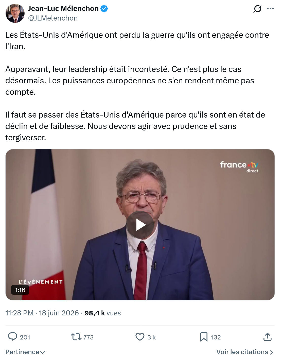 Jean-Luc Mélenchon: Les États-Unis d'Amérique ont ...