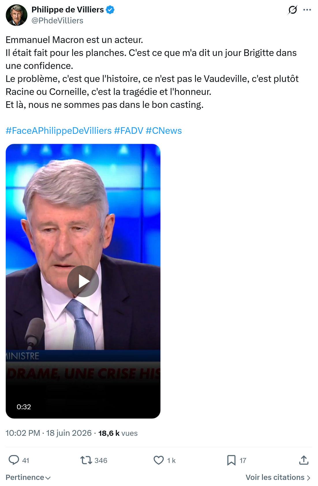 Philippe de Villiers: Emmanuel Macron est un acteur...