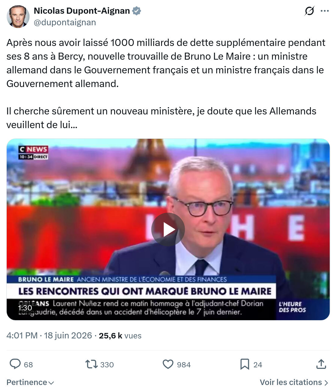 Nicolas Dupont-Aignan: Après nous avoir laissé 1000 milliards...