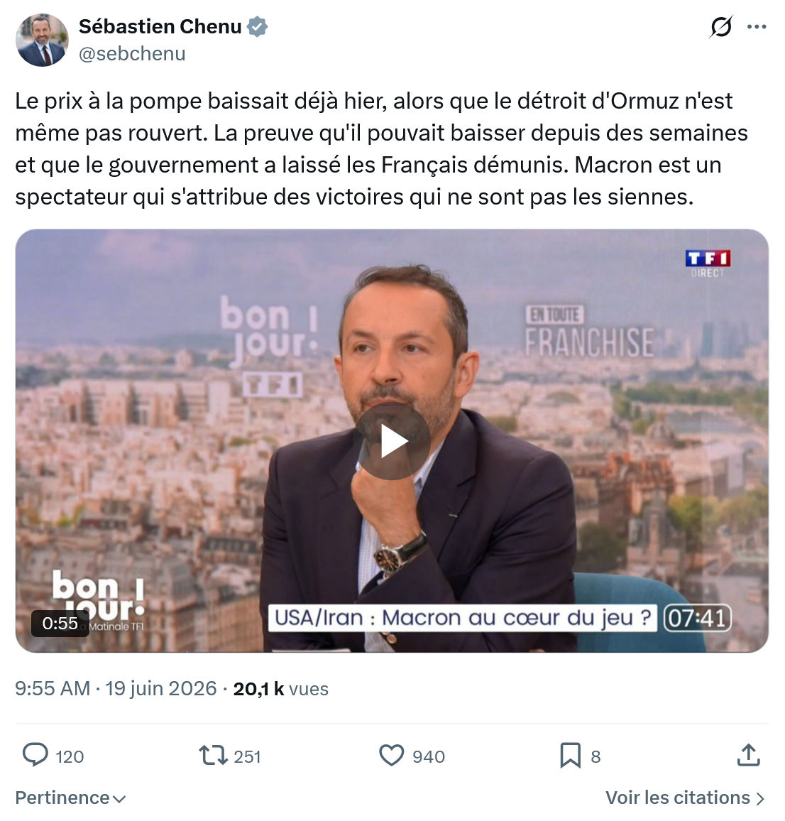 Sébastien Chenu: Le prix à la pompe baissait déjà hier...