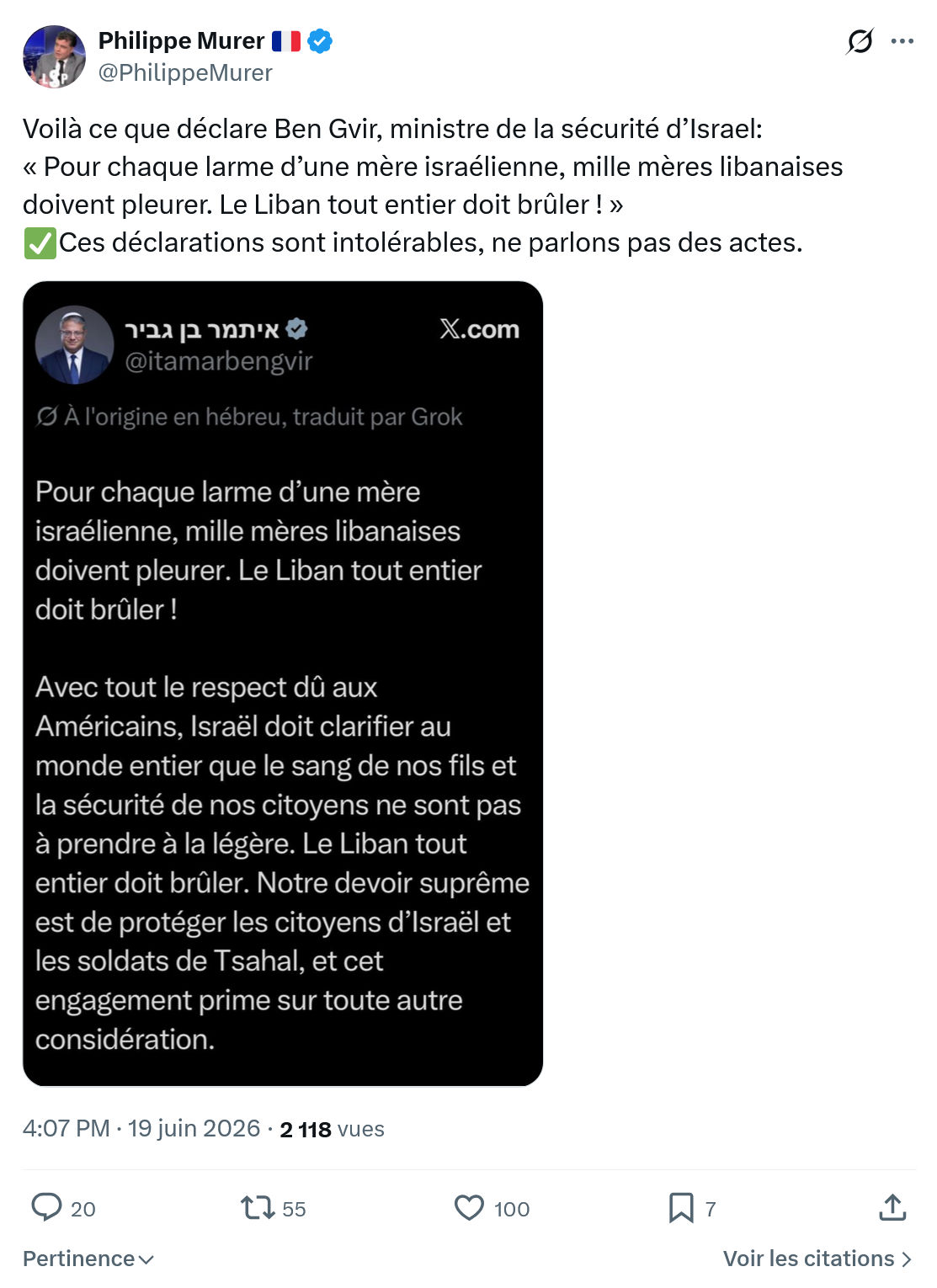 Philippe Murer: Voilà ce que déclare Ben Gvir